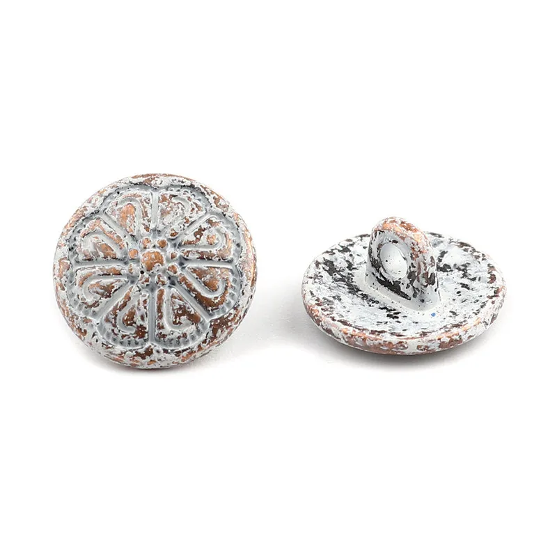 

50pcs Zinc Based Alloy Metal Sewing Shank Buttons Round Antique Copper Silver Flower Carved Spray Painted White 12mm( 4/8") Dia