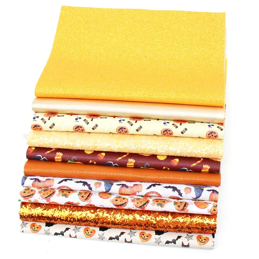 

IBOWS 22*30cm 10PCS/Set Halloween Synthetic Leather Set Glitter Faux Artificial Fabric DIY Sewing Garment HairBows Bags Shoes