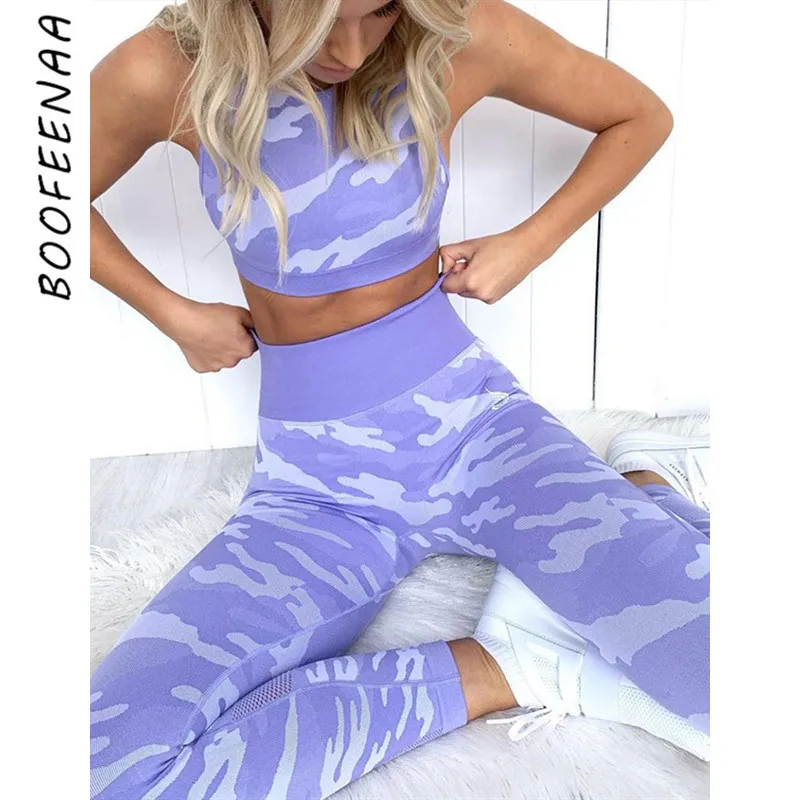 BOOFEENAA камуфляжный спортивный костюм женский комплект 2 шт. полый сетчатый
