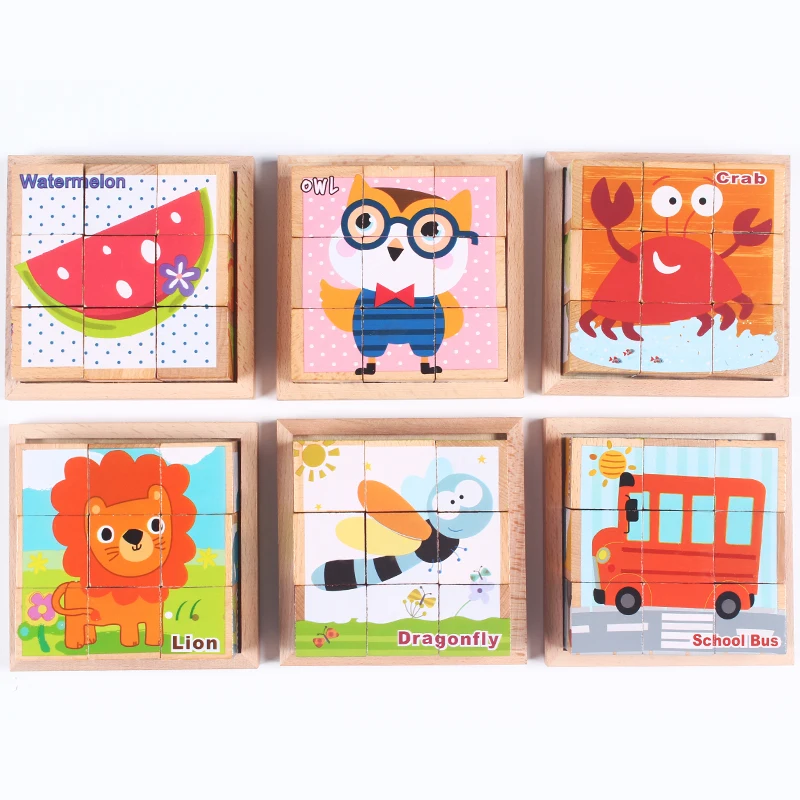 

6pcs Pattern Square 3d Puzzles Montessori Toys Kids Cartoon Animals Wooden Puzzles Educational Toys For Children Bricks Baby Toy