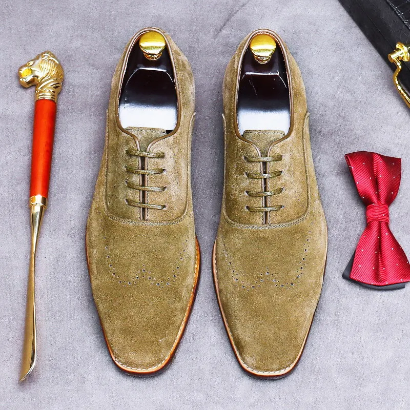 

Desinger Mens Khaki Formal Shoes British Fashion Pointed Toe Cow Suede Business Leisure Dress Zapatos Male Office Career ERRFC