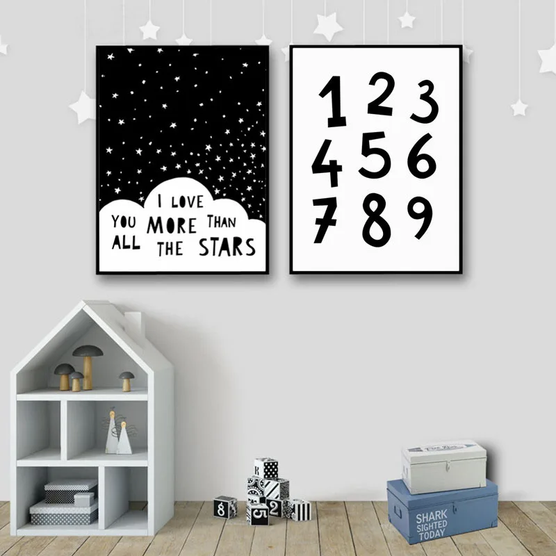 Холст Печать Картина Искусства На Стене Картинка В Стиле Карикатуры Черно-Белый Алфавит Арабские Числа Плакат Для Современной Мальчик Спальни Модульные Картины.