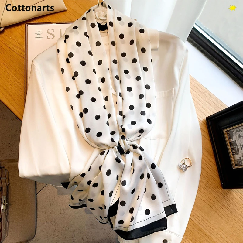 

Роскошный качественный Шелковый женский шейный Сарф с принтом в горошек офисная Дамская декоративная шаль сохраняющая тепло Bandanna мусульма...