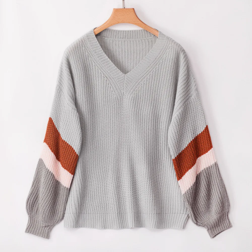 Autumn Women V Neck Off Shoulder Sweater 2019 Winter Lantern Sleeve Loose Sweaters Pullover Streetwear Patchwork Jumper Female | Женская