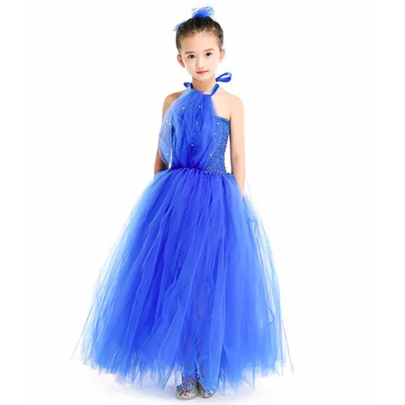 

Girls Princess Tutu Dress Costumes Performance Fashion Show Blue Long For Kids Children Birthday Wedding Party Clothes
