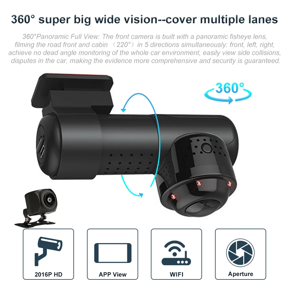 Камера Dashcam с углом обзора 360 градусов 1080P HD ночное видение Wi Fi Автомобильный