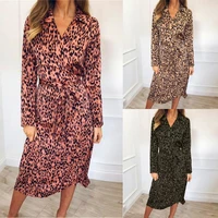 fashion women leopard printed bandage long sleeve turn down collar midi dress