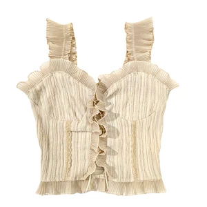 Летние новые корейские укороченные топы MUMUZI 2020, сексуальный топ на бретельках с V-образным вырезом и открытой спиной, топы без рукавов с оборками, бандажный Топ