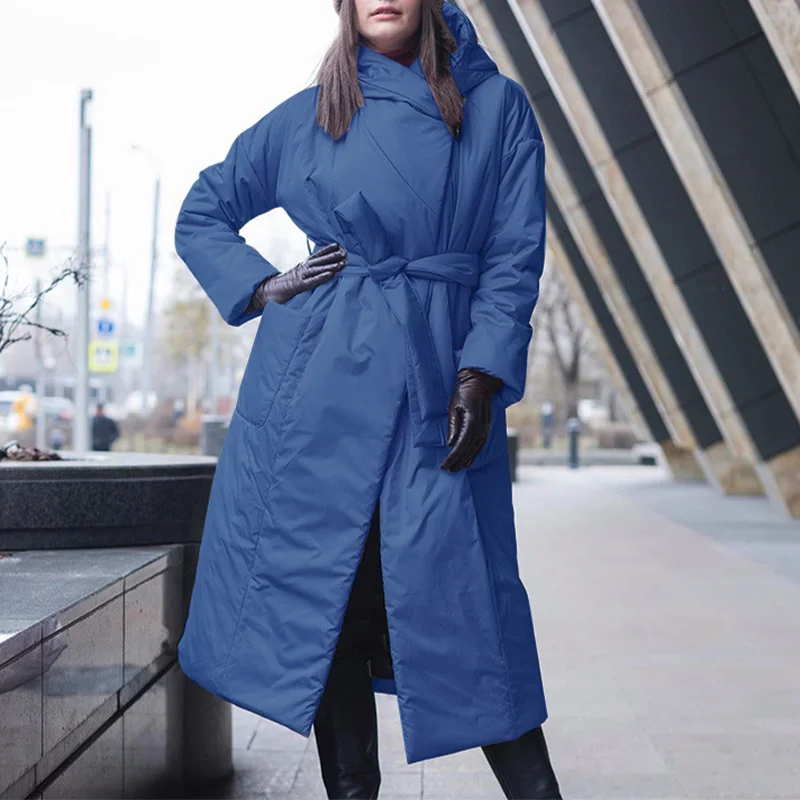 Hoodies Parkas Long Women's Winter Jacket Thick Warm Hoodie Overcoat Belt Women's Coat Streetwear Casual Solid Woman Clothes