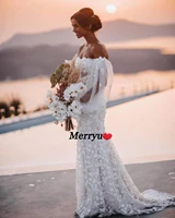 boho mermaid wedding dresses detachable train backless puff sleeves beach bride dress 3d lace princess wedding gowns