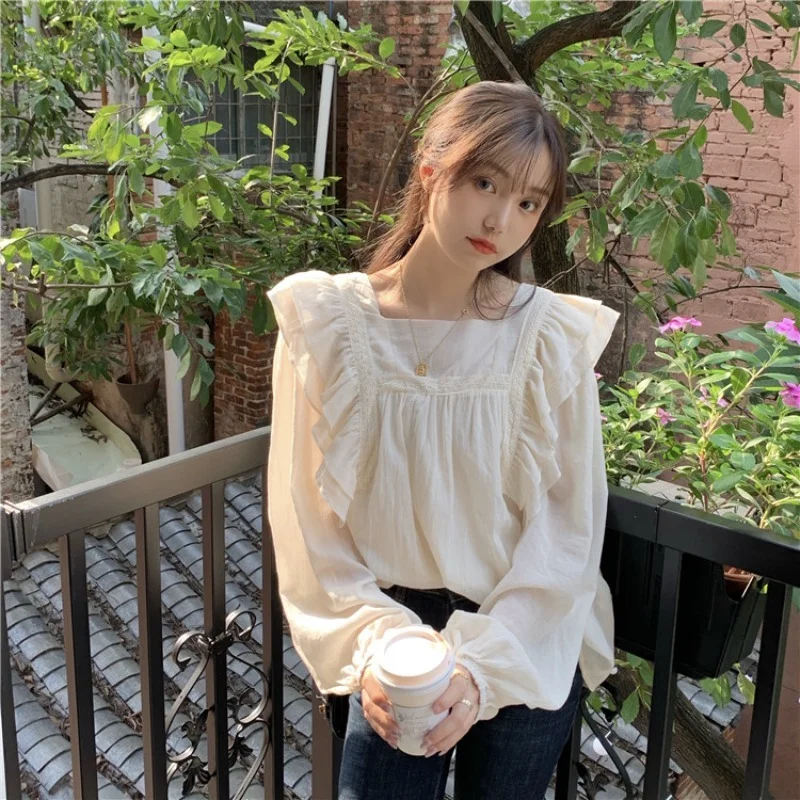 

Korean Clothes New Spring/Autumn Oversize Women's Clothing Vintage Casual Women Blouse Ruffle Fashion Square Collar Slim Trend