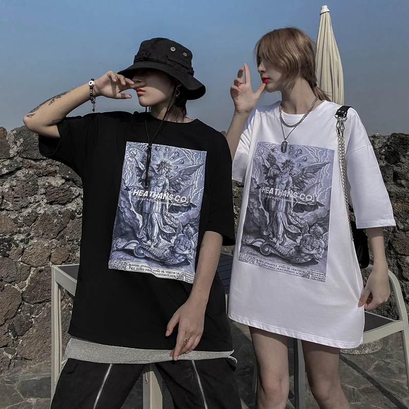 

Dropshipping Hip Hop Hipster Angel Pattern Print T Shirts Men Women Streetwear Casual Short Sleeve Tops Tees Loose Soft Tshirts