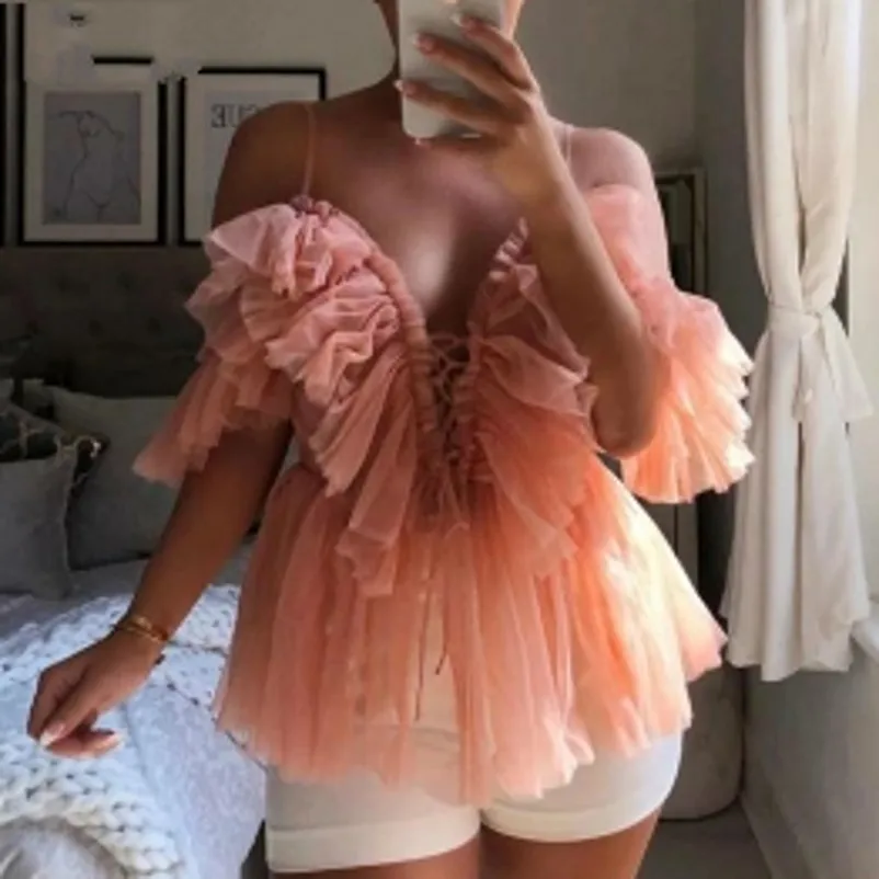 

Trendy Blush Pink Tiered Ruffle Tulle Tops Women Fashion Sheer Spaghetti Straps Tulle Top High Street Causal Blouse Shirts