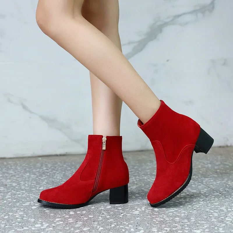 

MEMUNIA 2020 big size 52 Newest autumn winter boots women flock round toe zip square high heel casual shoes women ankle boots