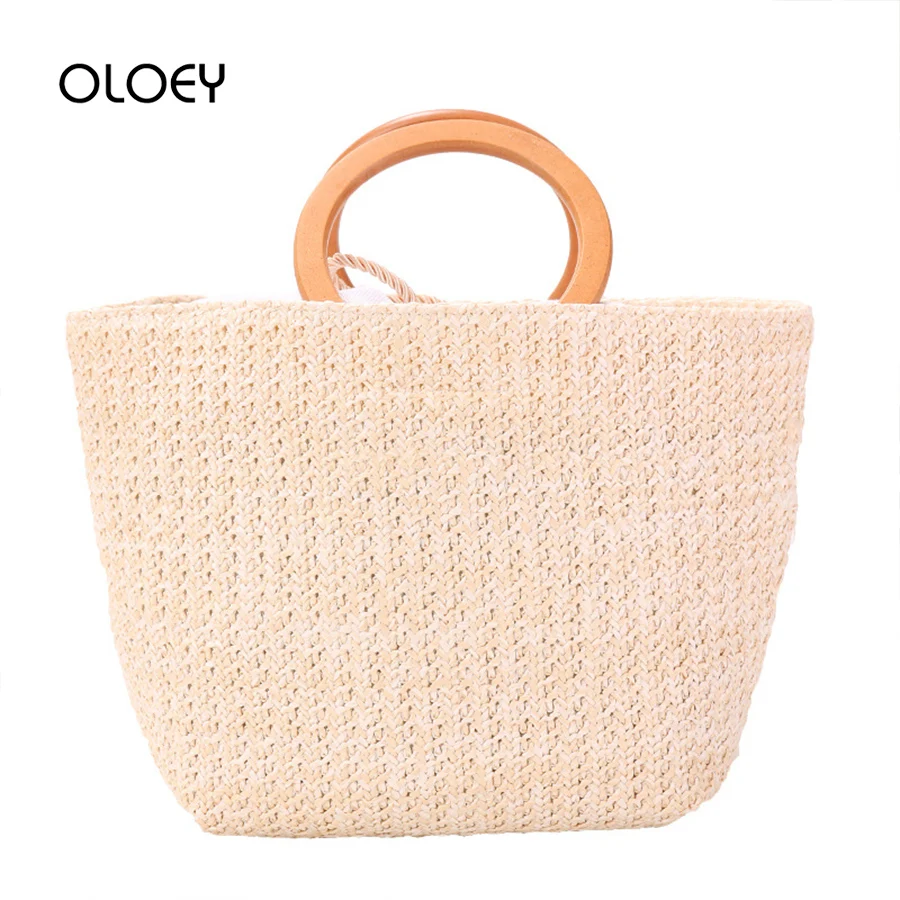 Соломенная пляжная сумка из ротанга с деревянной ручкой летняя плетеная