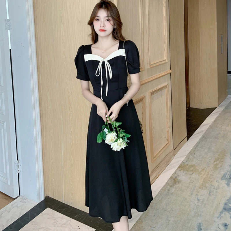 

Женское винтажное платье-миди в стиле Хепберн, черное элегантное облегающее однотонное платье для клуба и вечерние в Корейском стиле, для л...