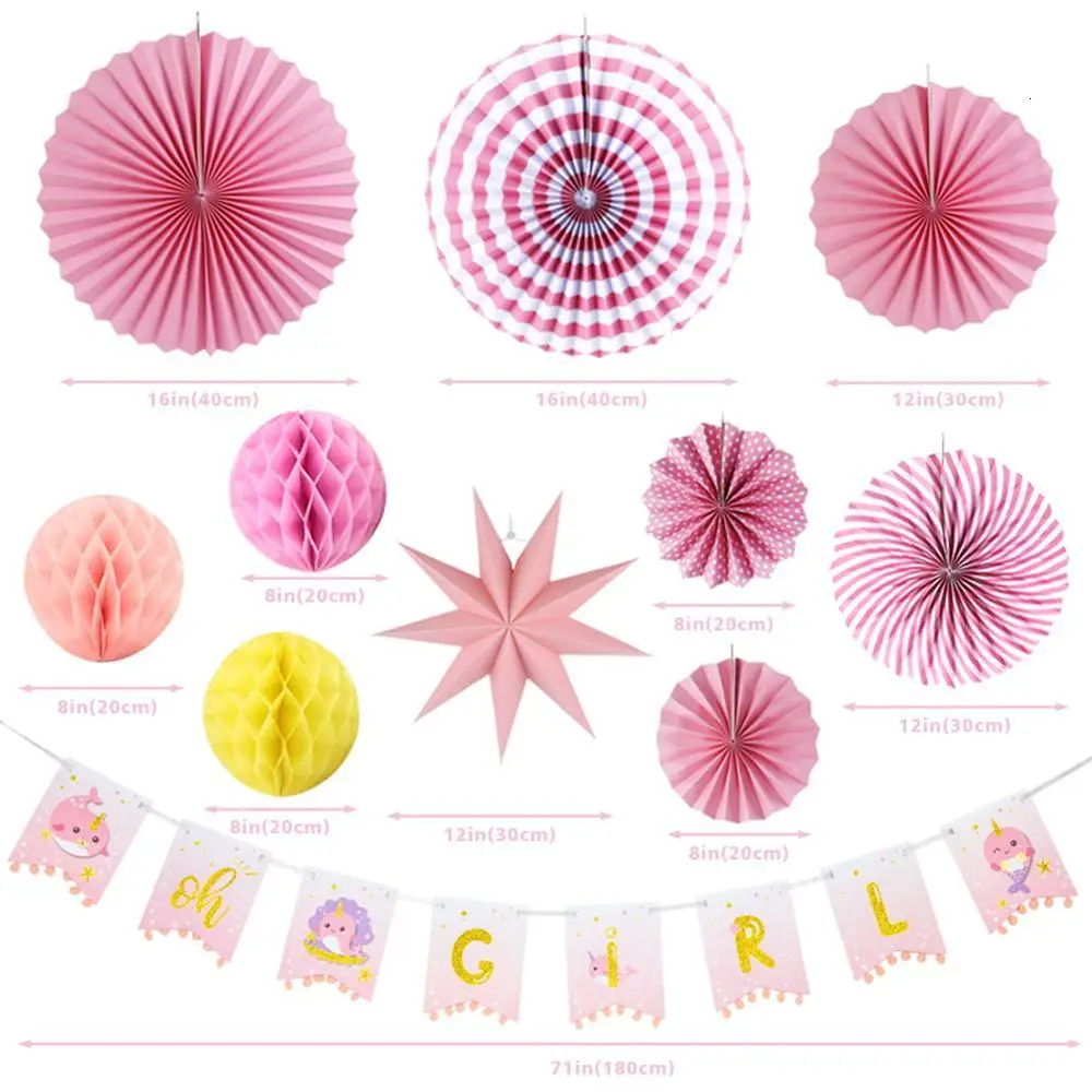 Baby Girl Shower Decorations Glitter Narwhal Gold Oh Banner Paper Fans Balls Star Lantern First Birthday Party | Дом и сад
