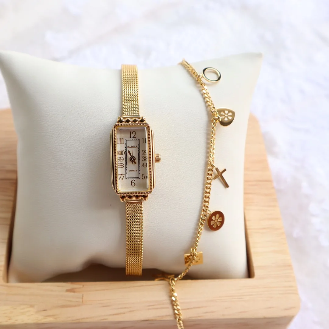 Womens Watch Thin Strap Japanese Movement Wheat Carved Retro Small Gold Watch Fashion Personality Square Head Watch Trendy Watch