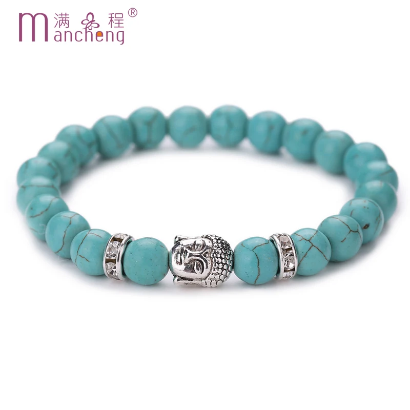 

Luck Vintage 8MM Natural Turquoise Skeleton Pulsera Hombre Buddha Head Beads Bracelet For Man Women