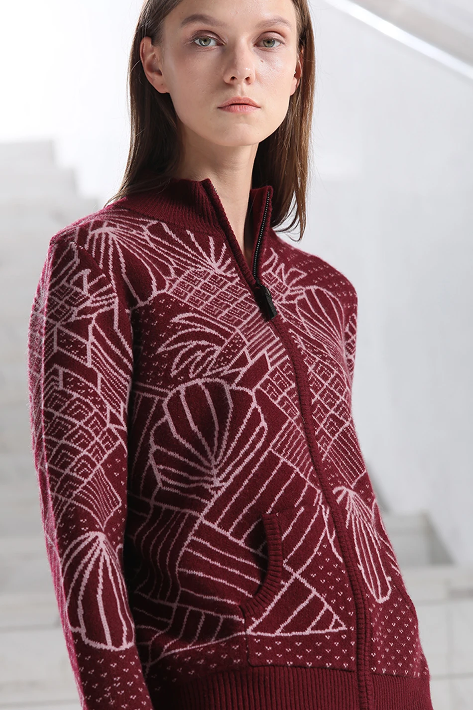 Dark Red RONGFANGZI Inner Mongolian Cashmere Sweater Women Cardigan Zip Pockets Ribbed Collar Cuffs Hem Winter Thick 12 Gauge Knit Slava - Цвет: Dark Red