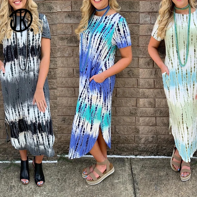 

Ladies Mid-length Dress Round Neck Tie-dye Harajuku Long Dresses Summer Short-sleeved Casual Party Female Maxi Dresses Vestidos