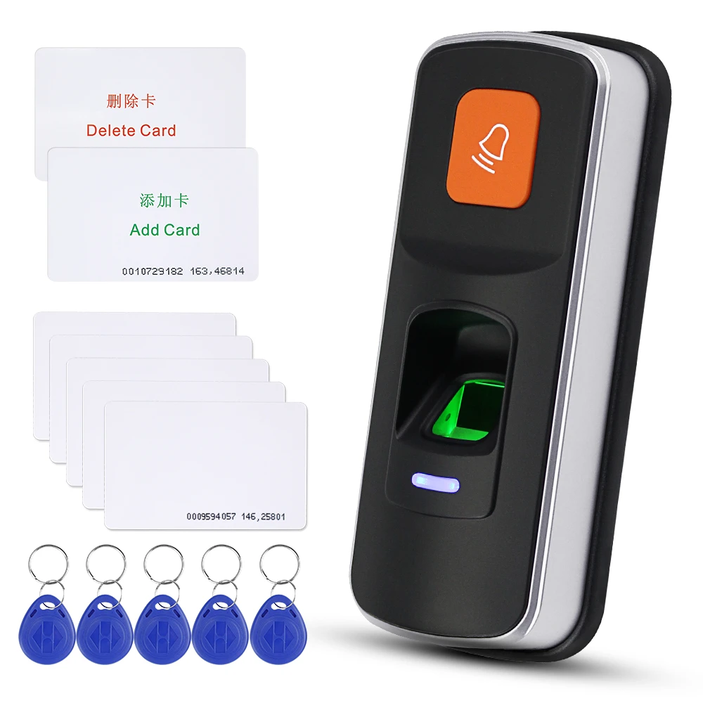 

Standalone RFID Fingerprint Access Control System Biometric 125KHz Reader Door Opener Support SD Card WG26 + 10pcs Cards Keyfobs