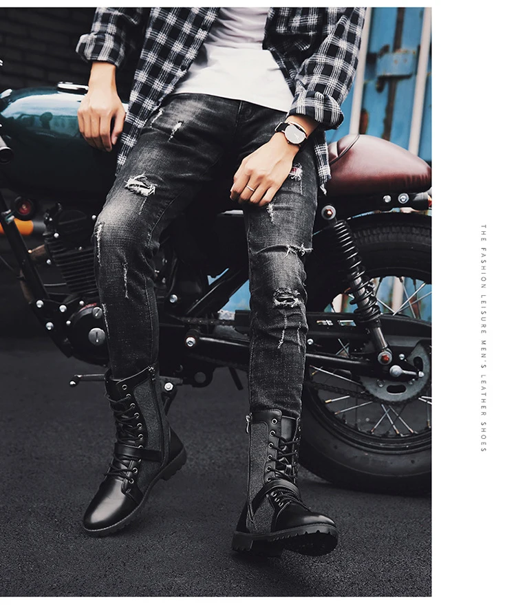 Winter Men Motorcycle Boots Fashion Mid-Calf Punk Rock Punk Shoes Mens BootsLeather Black High top Casual Boot Man