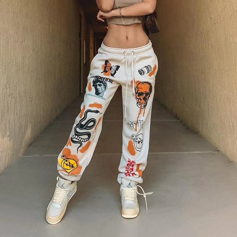 

2021 Harajuku Skull Print Sweatpants Punk Goth Y2K High Waist Apricot Harem Pants Streetwear Grunge E Girl Casual Trousers