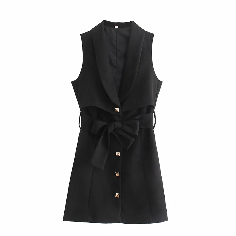 

WXWT Za 2021 Summer Women Solid Tank Dress With Sashes Turn-down Collar Sleeveless Ladies High Street Mini Dress WWJ8068