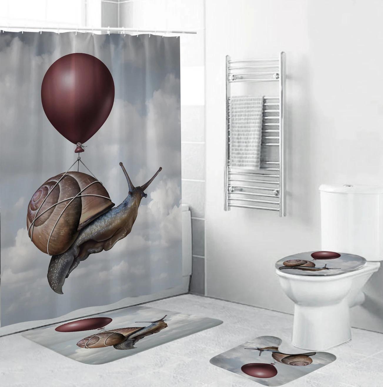 

180x180cm Snail Flying with The Balloon Fabric Shower Curtains Bathroom Curtain Anti-skid Rugs Toilet Lid Cover Bath Mat Set