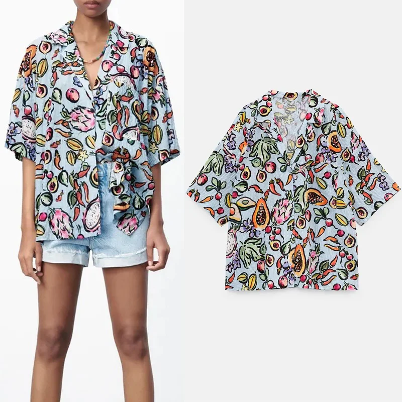 

Za Women Blouse 2021 Ruched Print Beach Shirt Woman Short Sleeve Button Up Summer Blouses Streetwear Casual Female Shirt