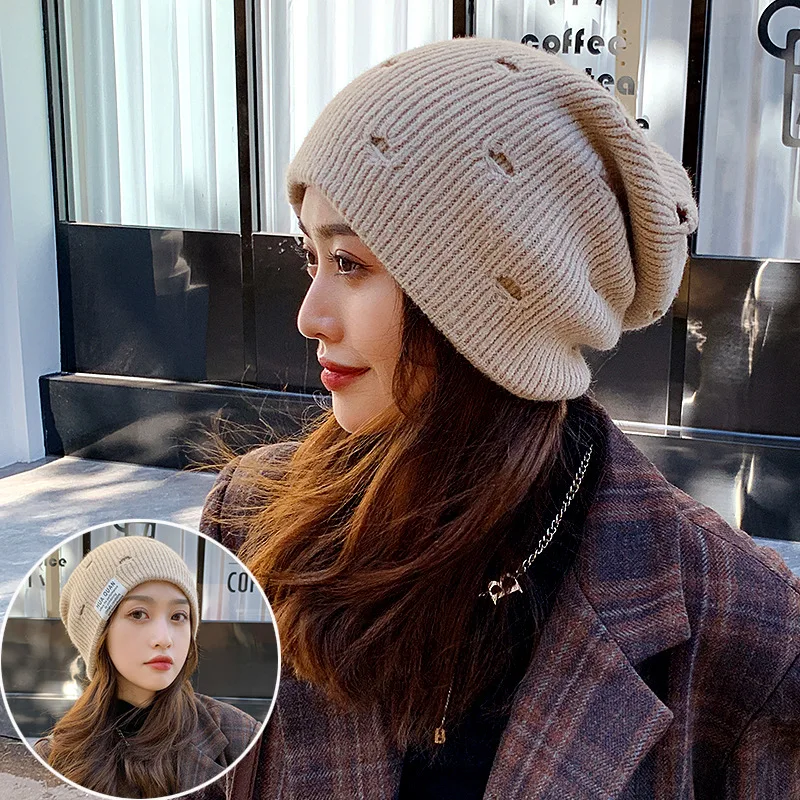

Cap with Holes Woolen Cap Beggar Hat Pullover Patch Student Couple Knitted Warmer Unisex Hats For Girl Woman Female Wholesale