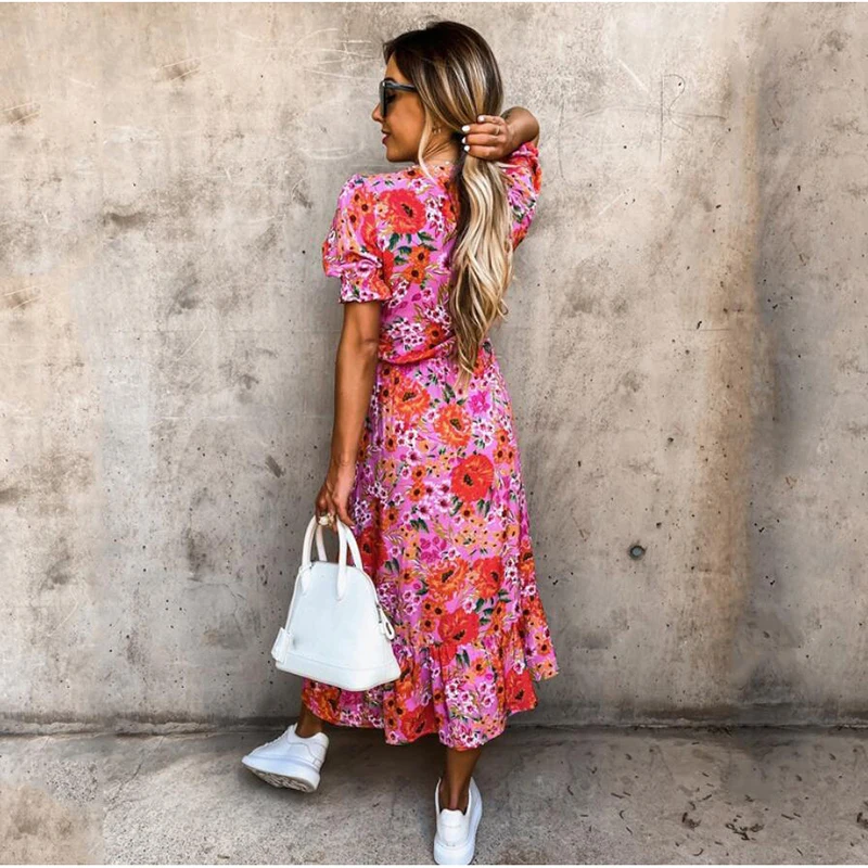 

Short Sleeve V-neck Split Dress Floral Pink Summer Beach Style Seaside Vocation Dress Women Casual Dresses 2021 New