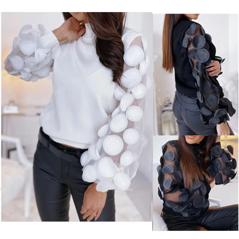 

Fashion Women Spring Autumn T-Shirts Dot Print Lace Decor See Through O-Neck Puff Sleeve Solid Color Slim Pullovers Top
