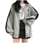 Женская Базовая куртка с капюшоном, осень 2021, женское студенческое Свободное пальто на молнии, Повседневная серая толстовка в стиле пэчворк для девочек-подростков, верхняя одежда