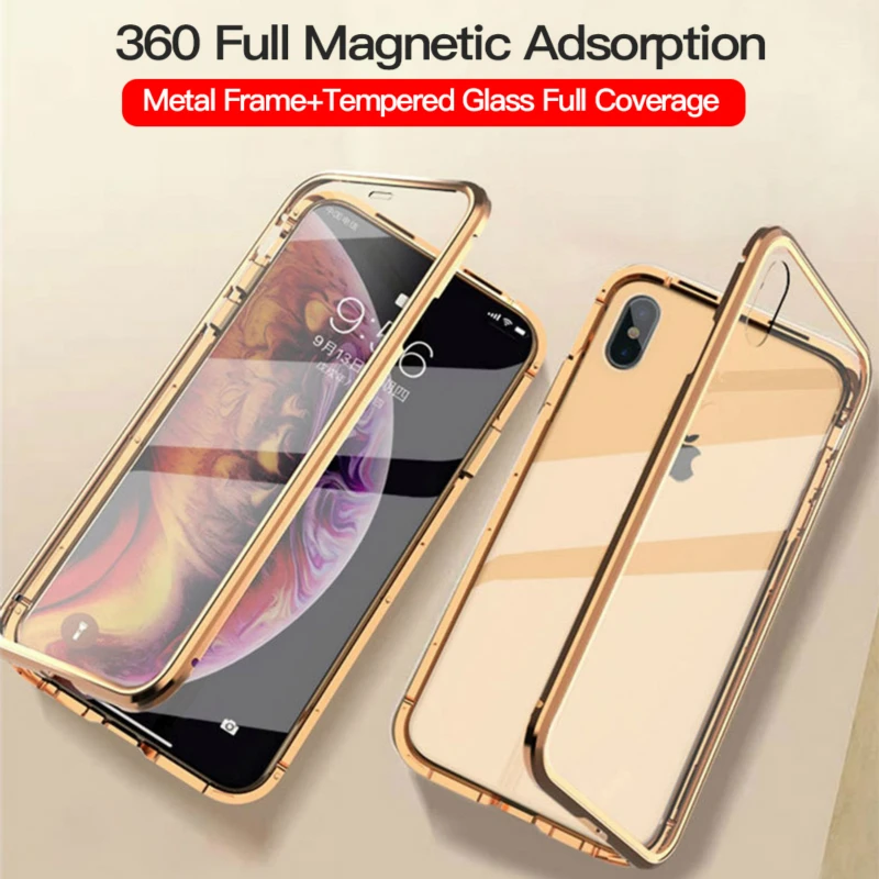 

Magnetic Adsorption Tempered Glass Case for iPhone X XS MAX XR 6 7 8 Plus Double Sided Glass Magnet Bumper Cover Full Protection