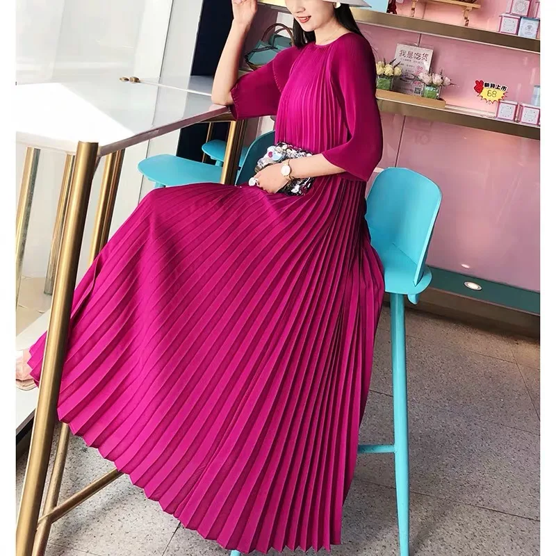 

Miyake pleated summer pink dress women plus size clothing add beads diamonds temperament kaftan original Korean johnature TP5174