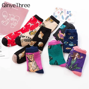 Новые милые носки с мультяшными животными, забавная далматинская собака, леопард, кошка, Бабочка, ракушка, подводный мир, Сокс, ретро, Рождественский подарок