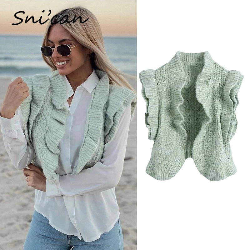 

Snican Green Ruffle Open Stitch Cropped Cardigan Women Fashion Sweater Za 2021 Vintage Sleeveless Pull Sans Manches Femme Gilet
