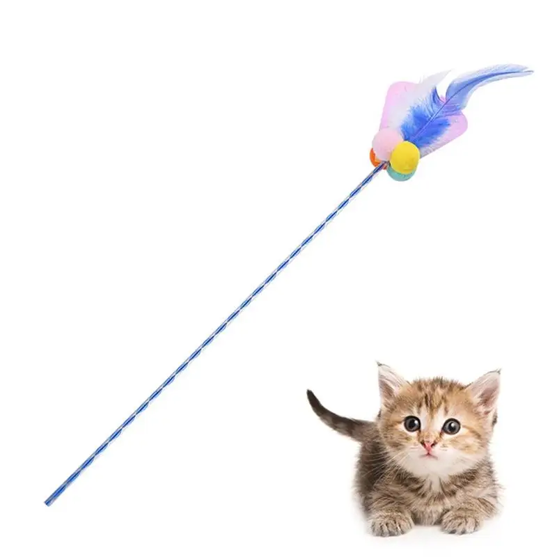 

Interactive Cat Wand Toy Creative Cat Teasing Wand With Faux Feather Pom Pom Ball Decor Pet Kitten Exercise Toy Wand Accessories