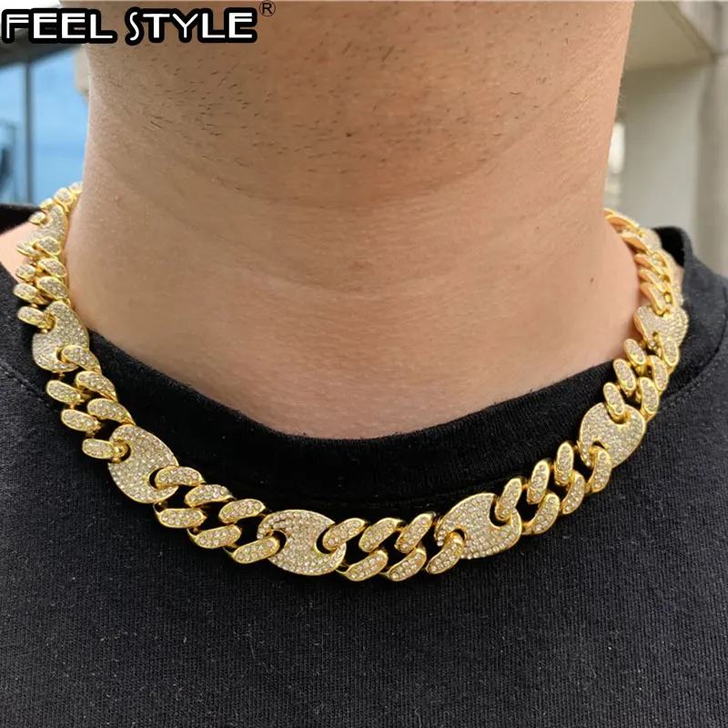 

Hip Hop 12MM Bling AAA+ Iced Out Alloy Rhinestones Box Clasp Coffee Bean Miami Cuban Link Chain Necklace For Men Choker Jewelry