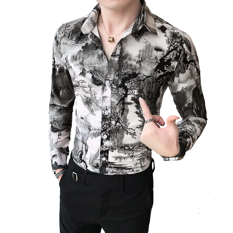 

Men's Long Sleeve Shirt 2021 Spring High Quality Korean Slim Printed Casual Nightclub/Banquet/Prom Dress Men's Clothing Shirt