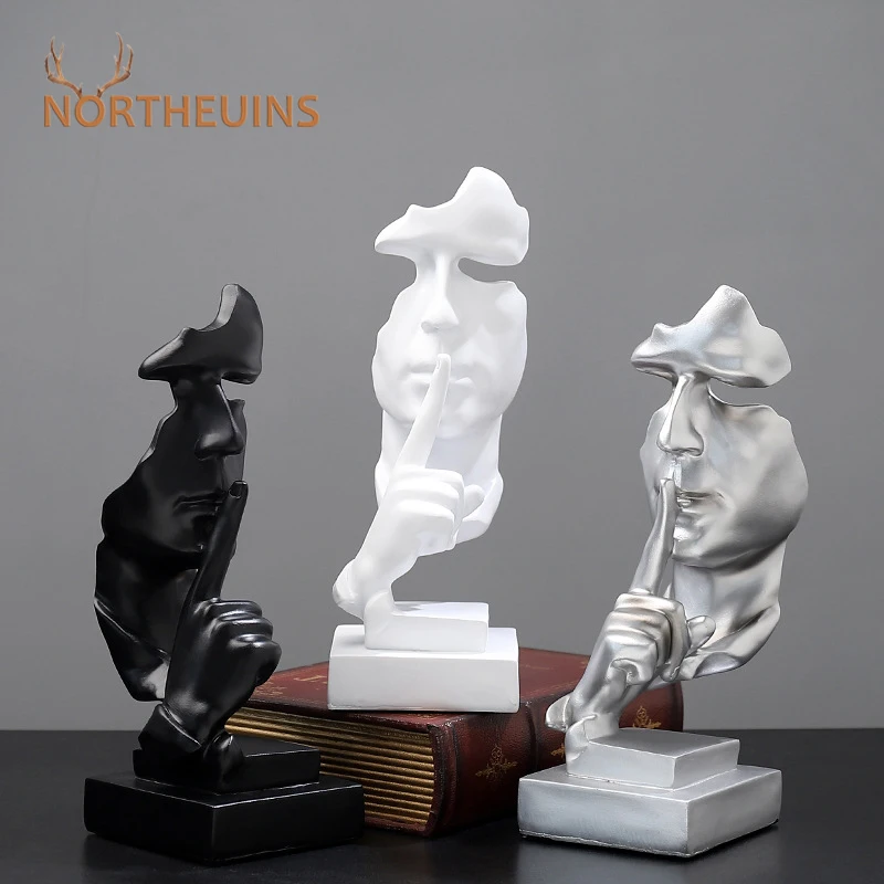 

NORTHEUINS 31cm Resin Silence Is Gold Statues Nordic No Say Figurines For Interior Abstract Sculptures Home Office Desktop Decor