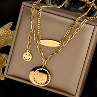 colorfast 316l stainless steel two layer necklace carved good luck smile pendant fashionable and simple female gift jewelry