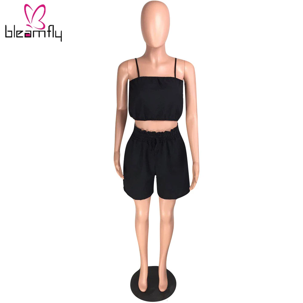 2019 Женский Летний Новый черный однотонный короткий топ с бретельками и шорты