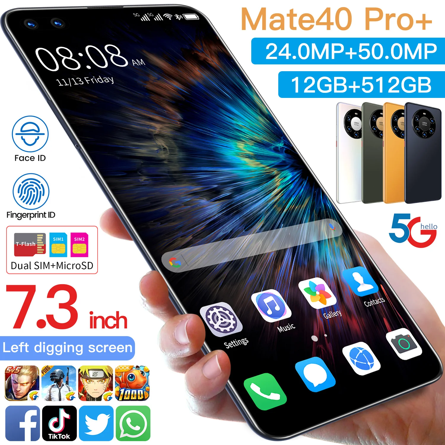 

Global Version 7.3 Inch Mate40 Pro+ Full Screen Smartphone 12+512G Andriod10 6000mAh Mobilephone 50MP Face Unlock 5G Cellphone