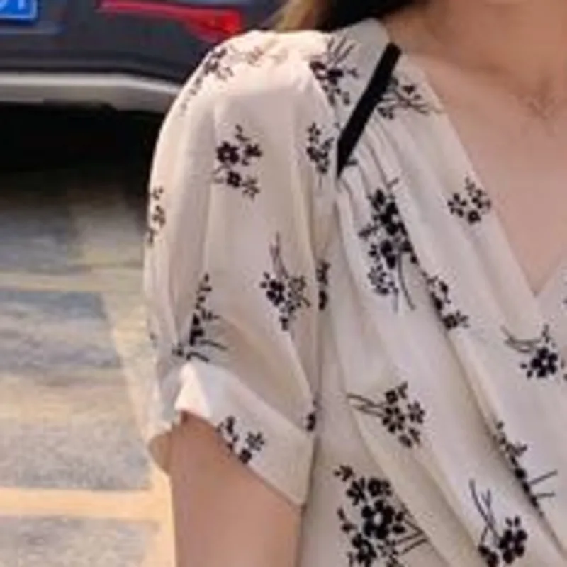 

Flower Print Dress Women Fashion V Neck Puff Short Sleeve Ladies Vestido De Mujer Summer 2021 Elegant High Waist Female Robe New