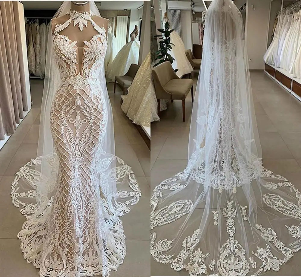 

Arabic High Neck Wedding Dresses Sweep Train Applique Lace Country Wedding Gowns Bohemian Bridal Gowns Vestidos De Novia
