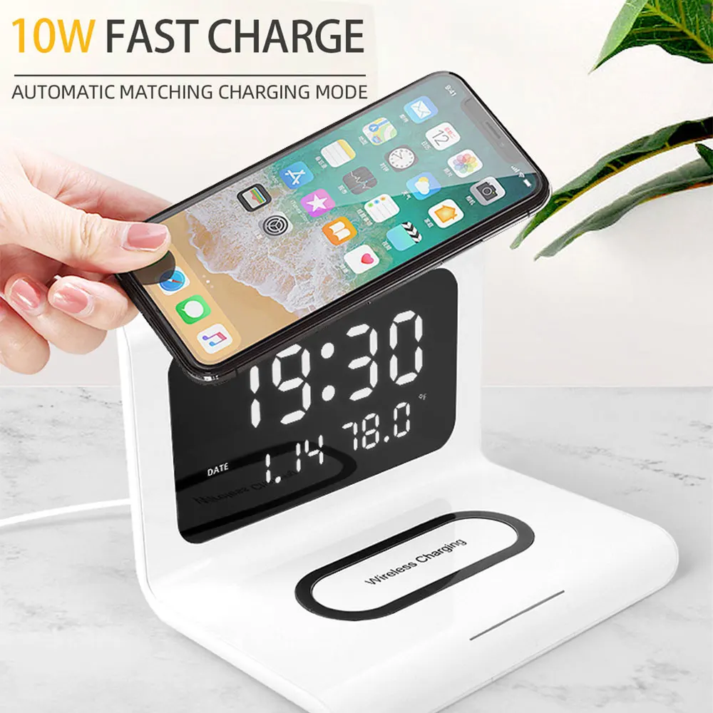 

3 in 1 10W QI Wireless Fast Charger Charging Stand LED Alarm Clock Electronic Calendar Display For iPhone AirPods