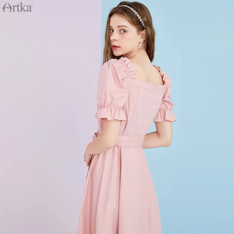 Женское винтажное платье с поясом ARTKA длинное из чистого хлопка квадратным